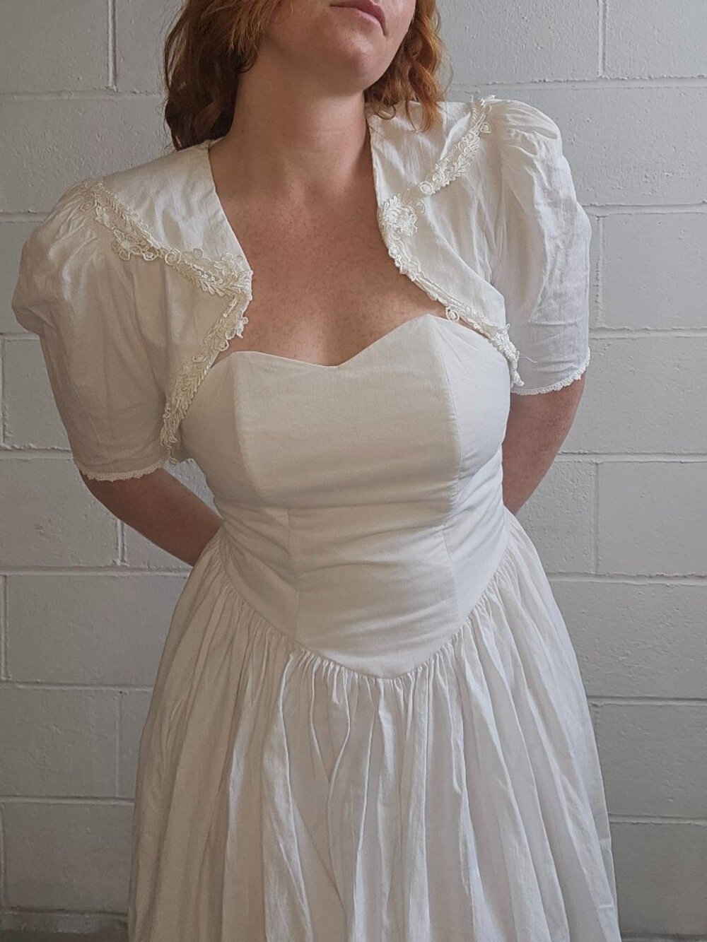 Vintage Coastal Cowgirl Bridal Western White Cotton Empire Waist Midi Dress